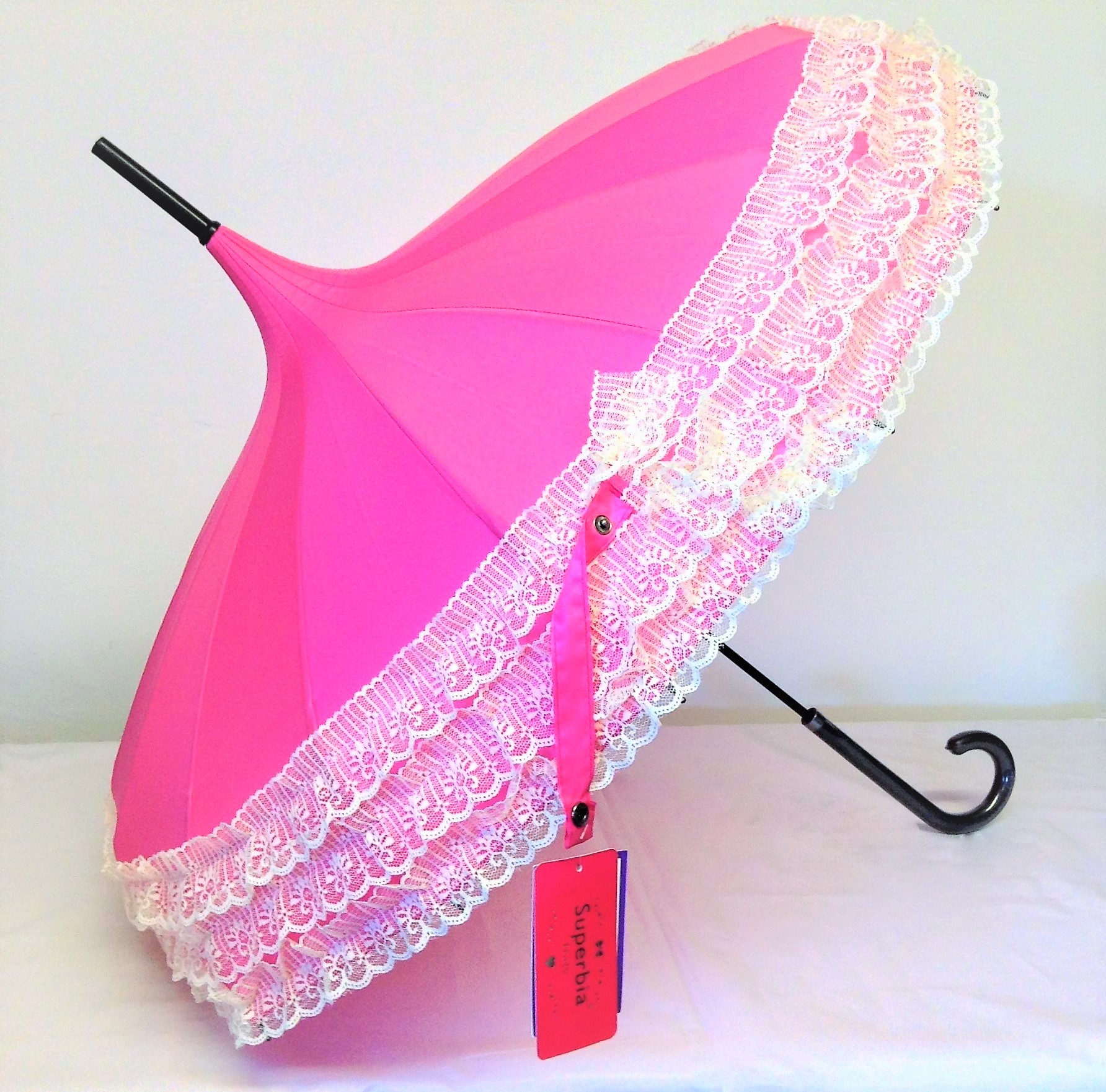 Hot Pink/Fuschia and Antique White Lace Pagoda Parasol Brolly
