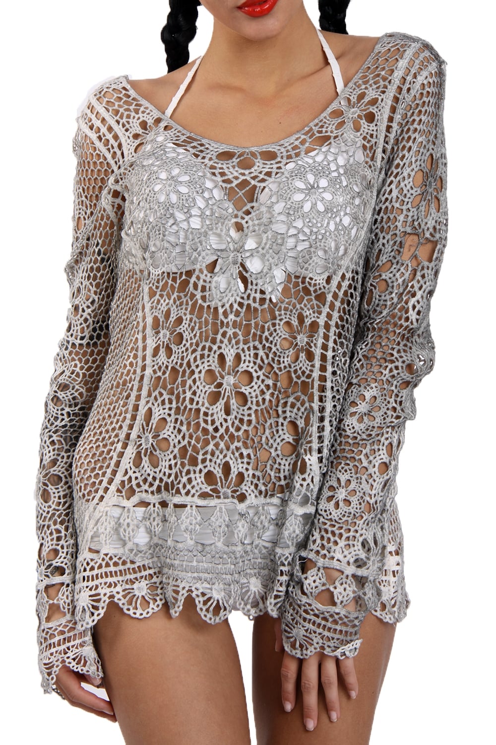 Grey Floral Crochet Lace Top - Image 4
