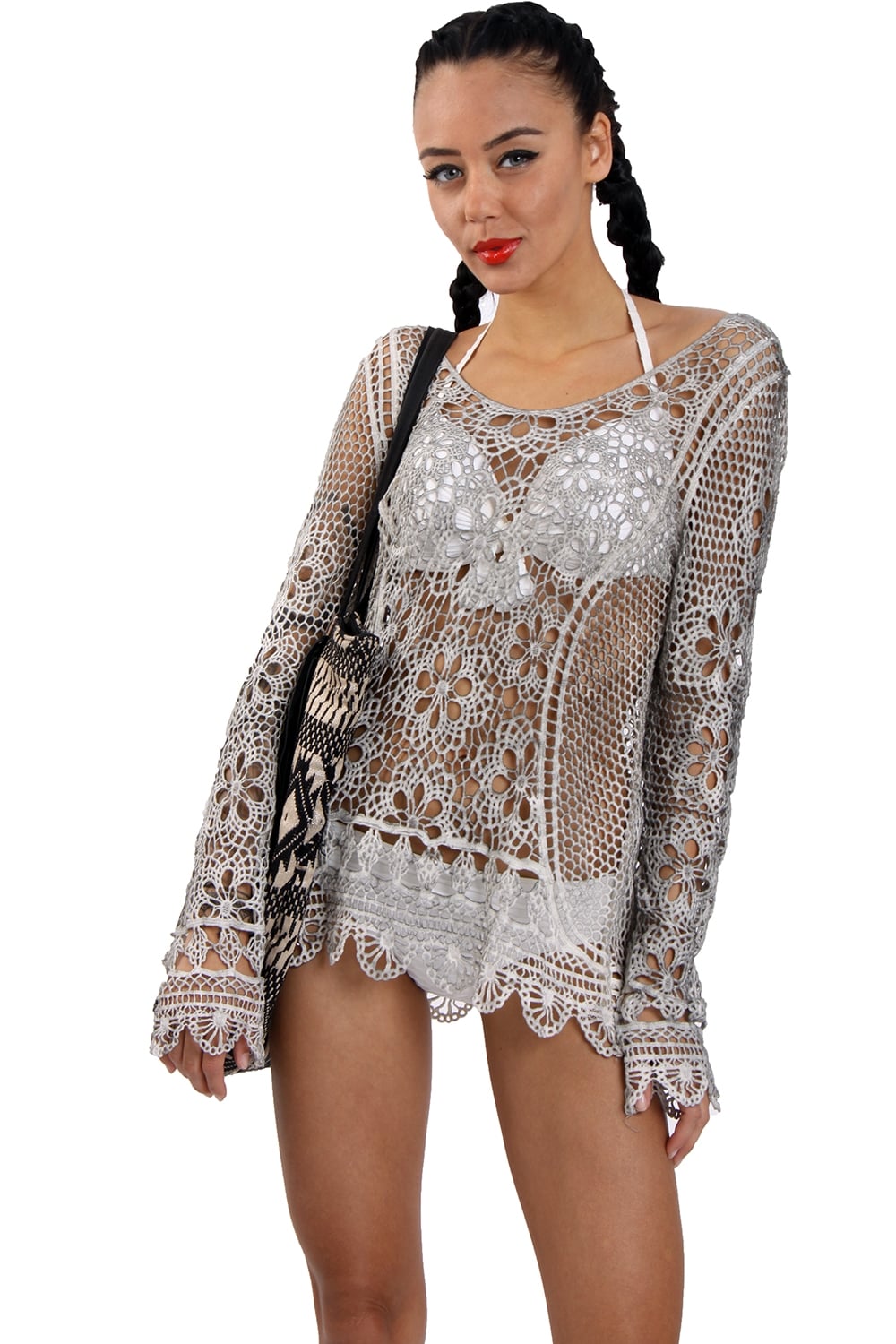 Grey Floral Crochet Lace Top - Image 2