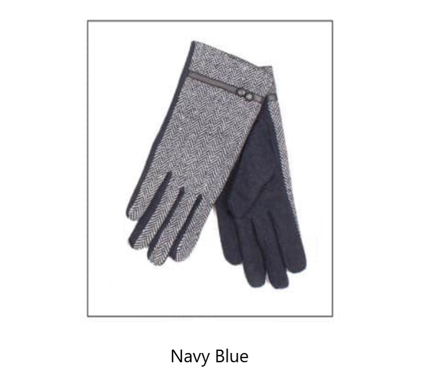 Navy Blue Herringbone Button Winter Gloves