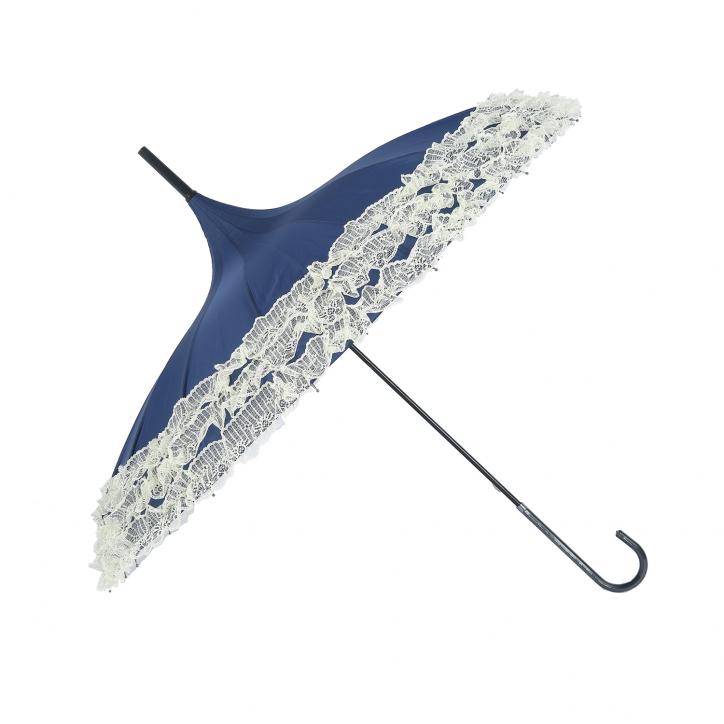 Navy Pagodal Parasol Brolly with Cream Lace
