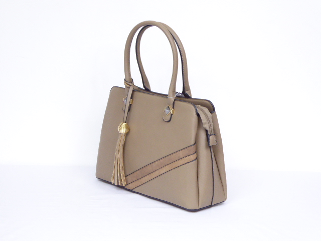 Taupe Leather Look Everyday Handbag with Tassel Detail - Image 2