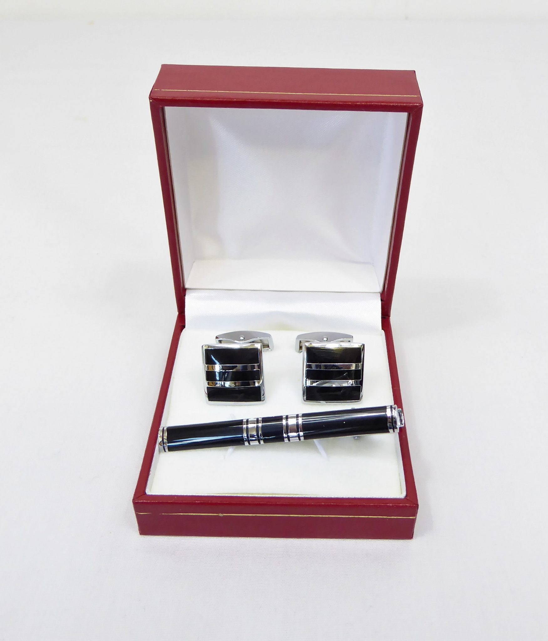 Black and Silver Stripe Square Cuff Link and Tie Pin Set