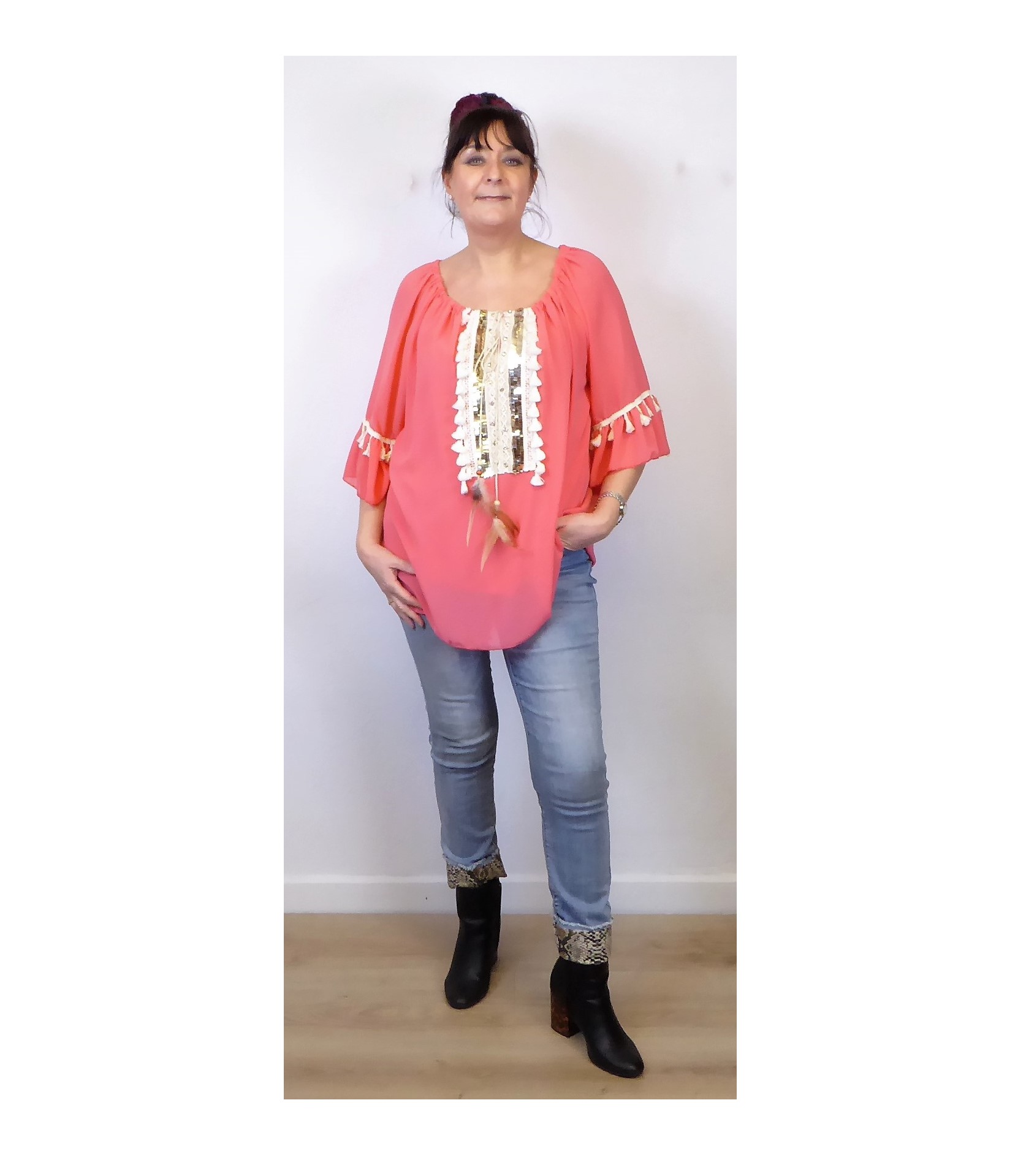 Peach Chiffon Bardot Top - Image 5