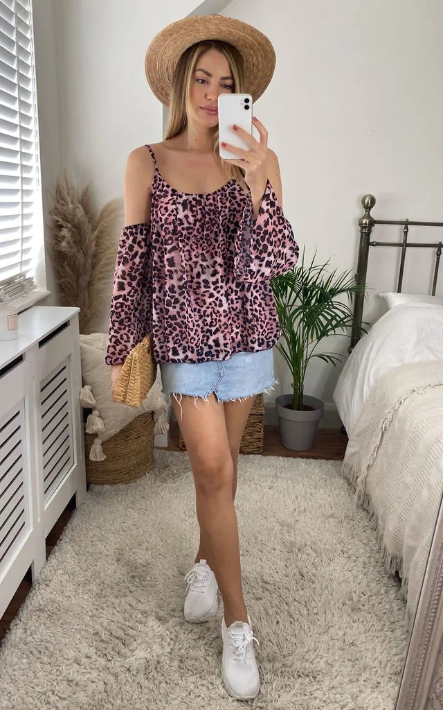 Pink Leopard Cold Shoulder Top - Image 5