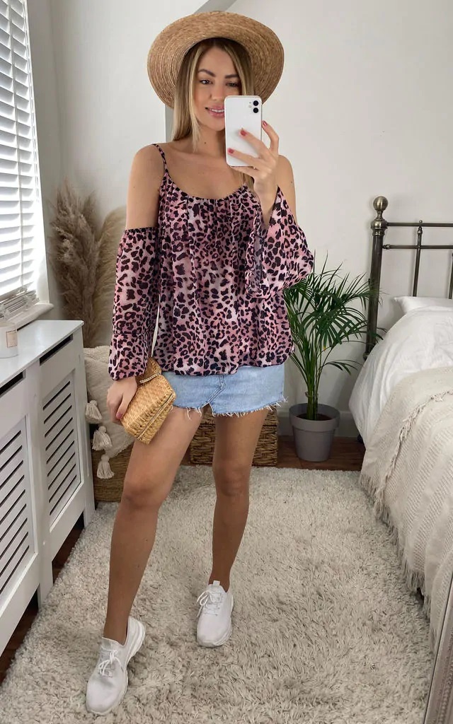 Pink Leopard Cold Shoulder Top - Image 4