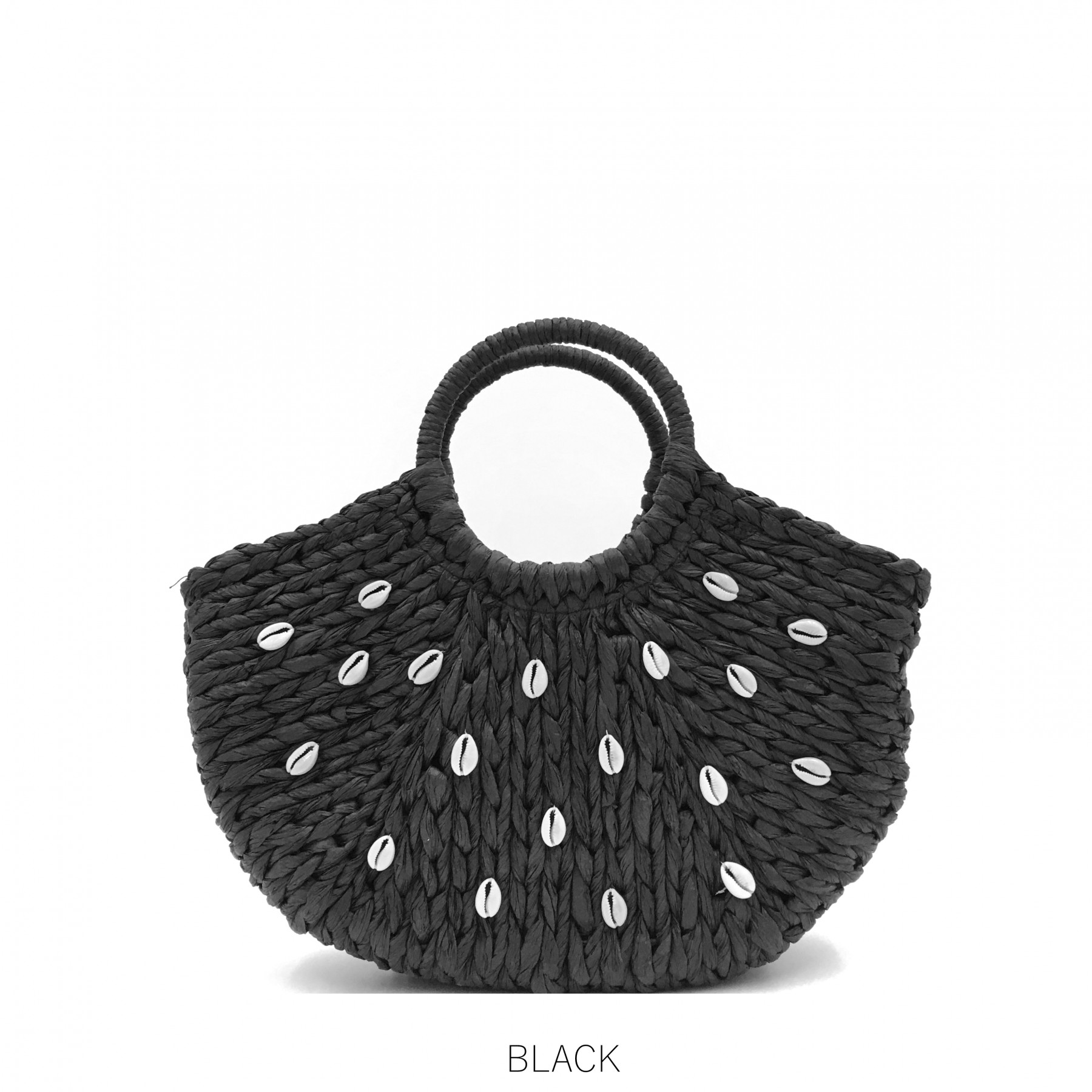 Black Shell Straw Bag with Round Handle
