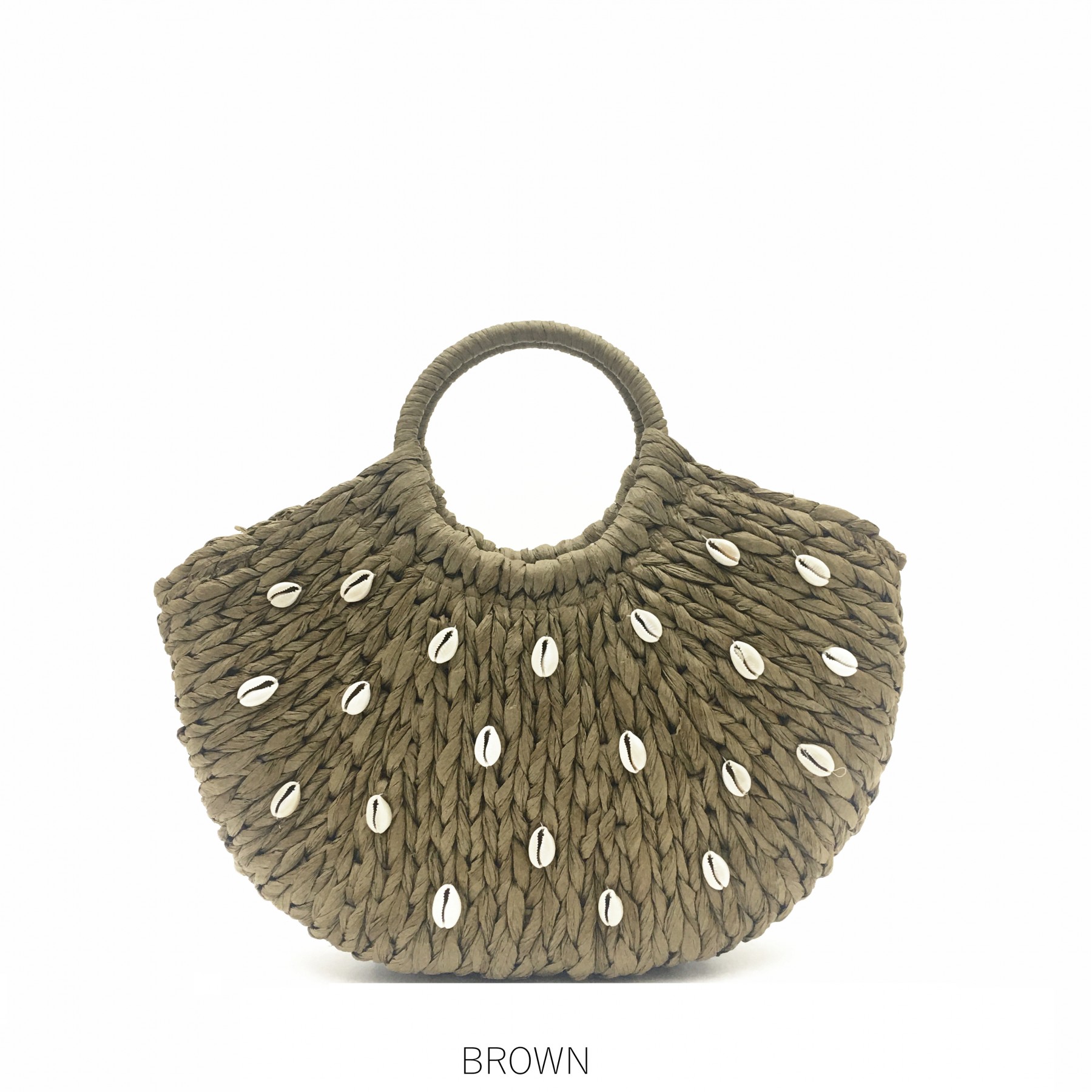 Brown Shell Straw Bag with Round Handle