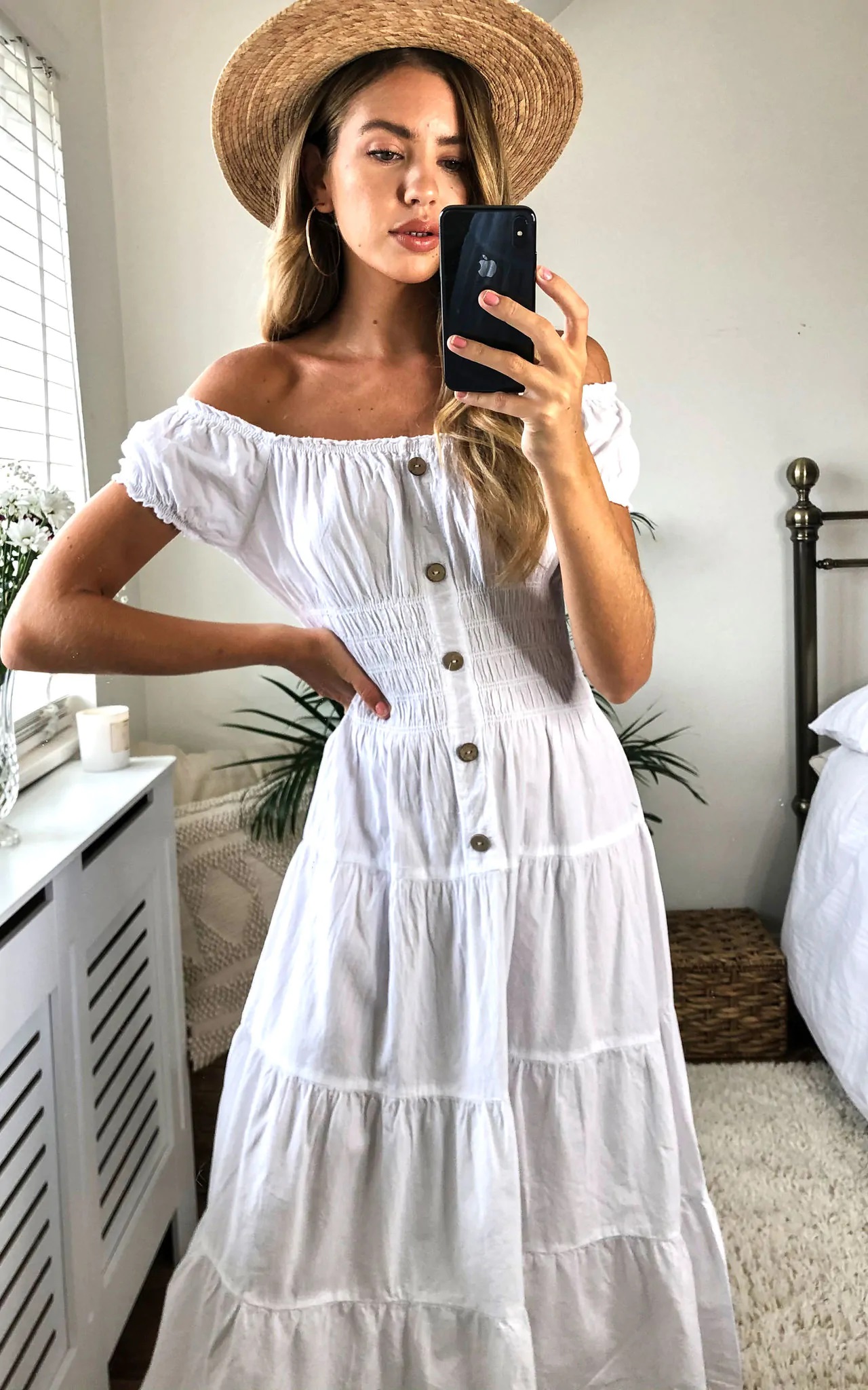 White Plain Bardot Midi Dress - Image 4