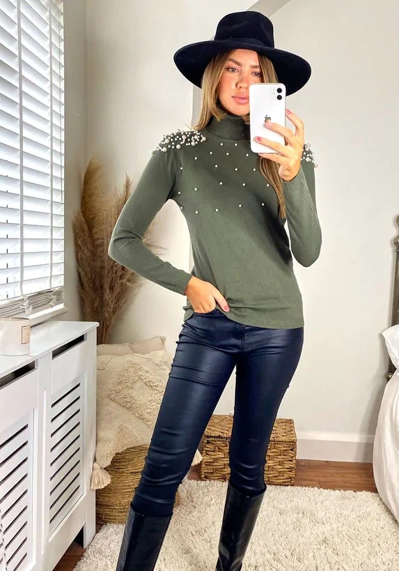 Khaki Pearl Polo Jumper - Image 2