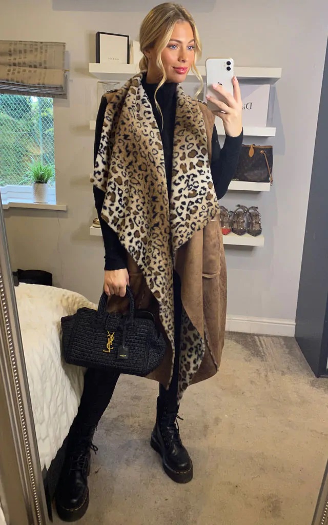 Brown Suedette Leopard Print Gilet - Image 3