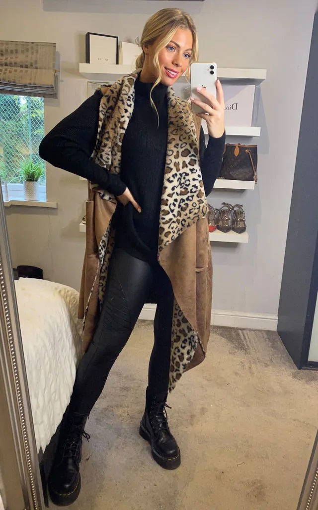 Brown Suedette Leopard Print Gilet - Image 2