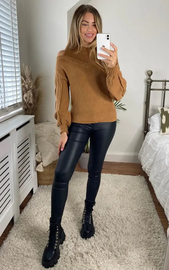 Tan Cold Shoulder Jumper - Image 3
