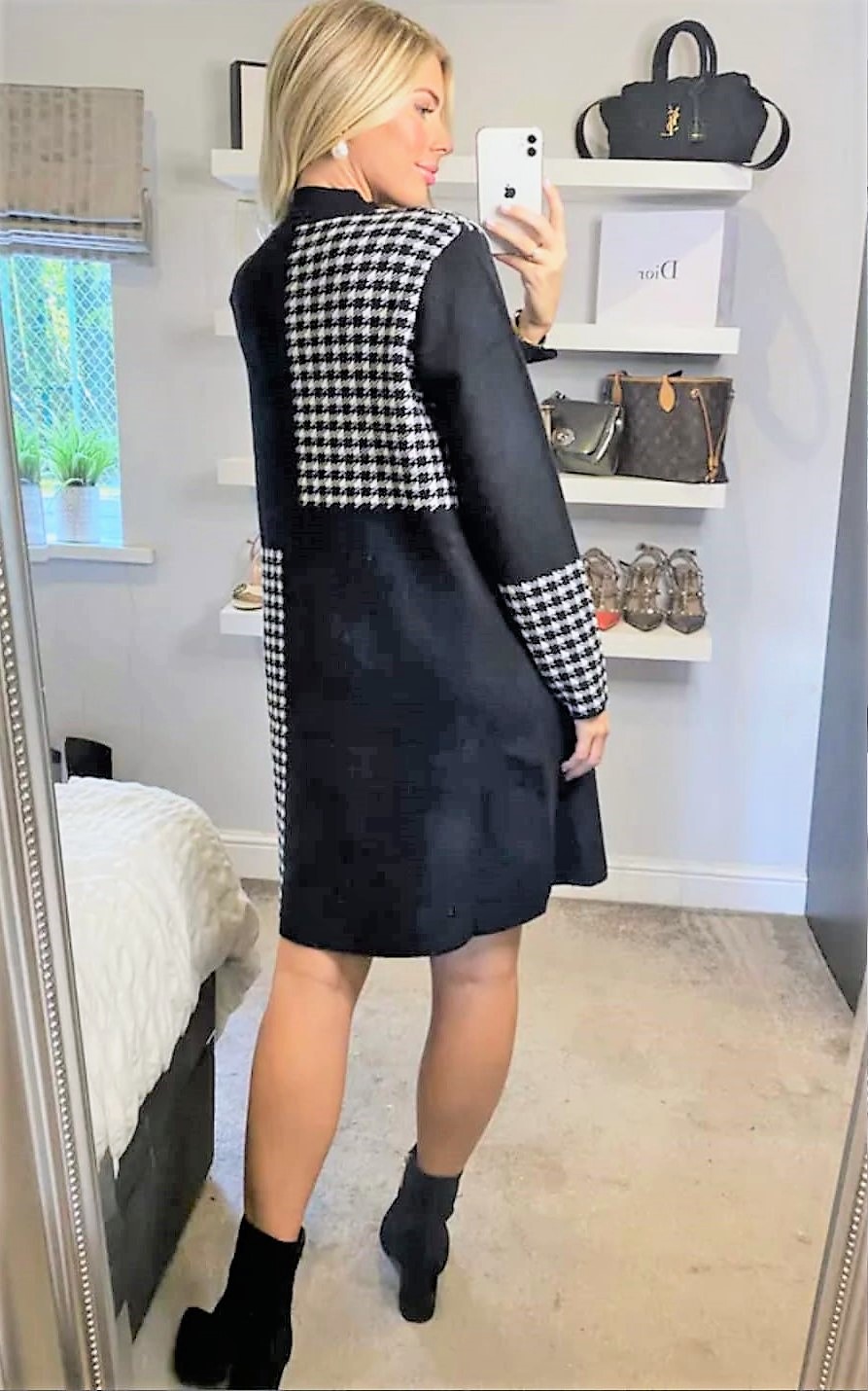 Black Dogtooth Panel Knit Tunic Dress - Image 2