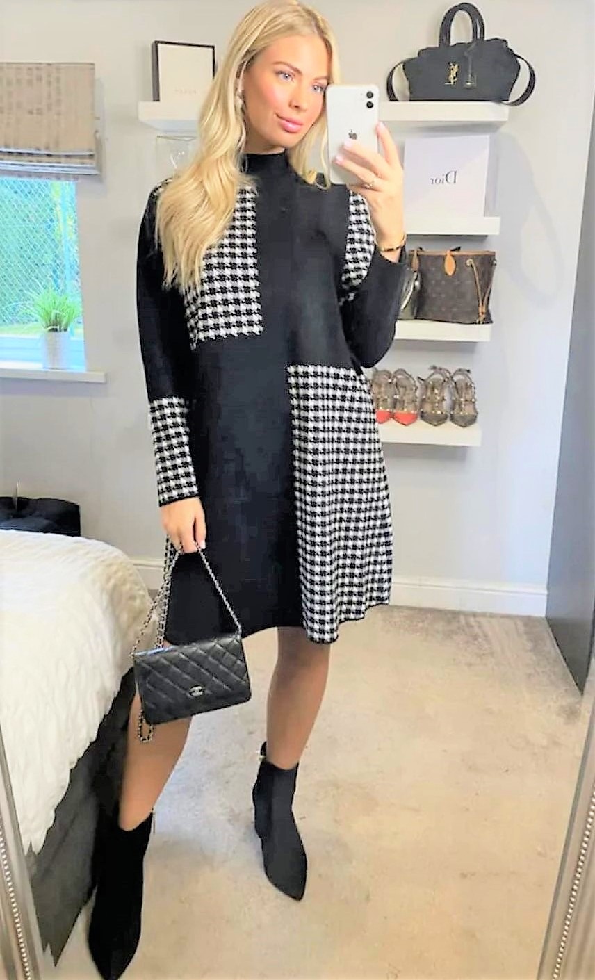 Black Dogtooth Panel Knit Tunic Dress