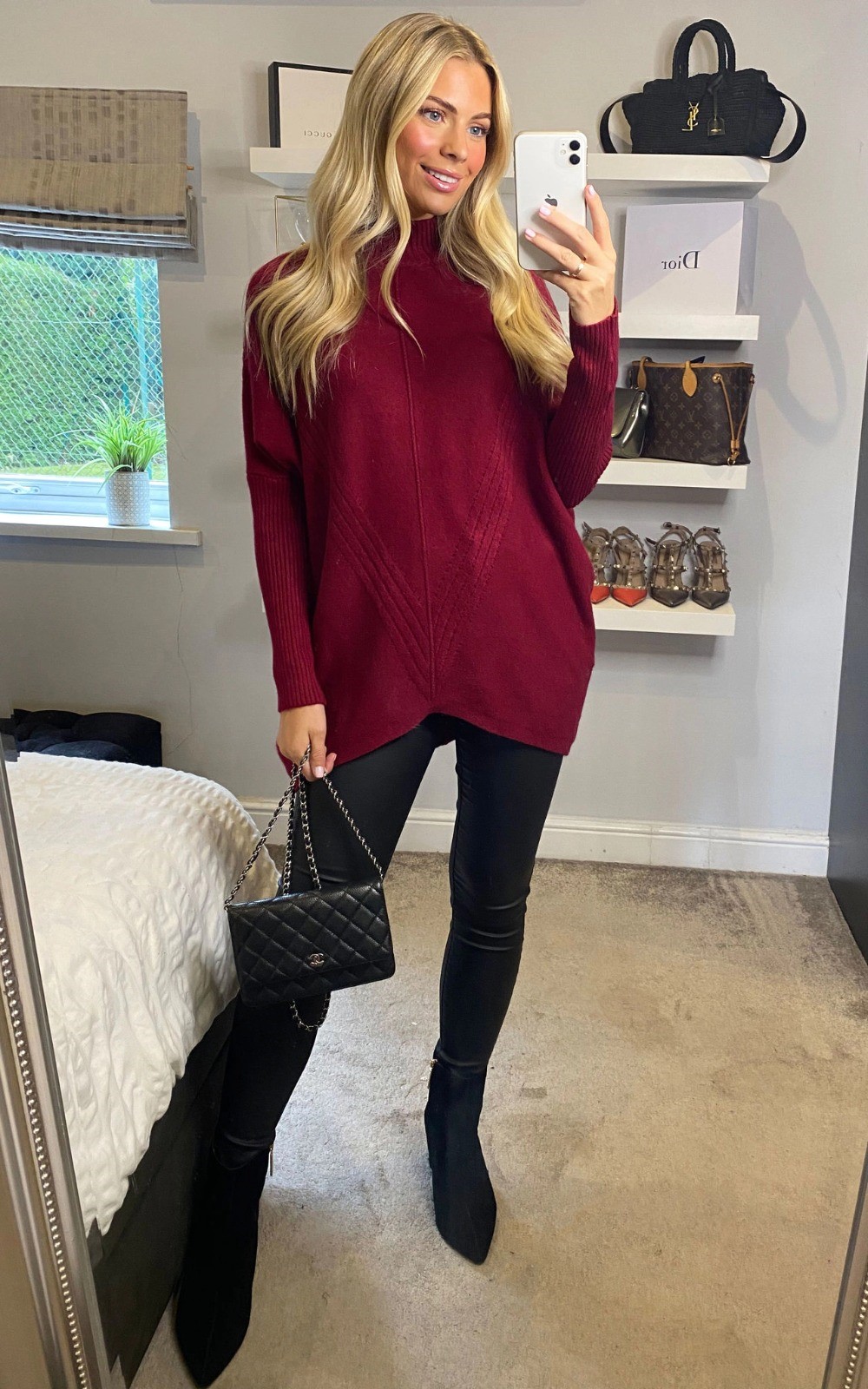 Burgundy Textured High Low Turtle Neck Jumper - Image 2