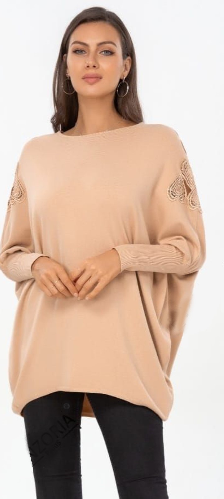 Caramel Embroidered Heart Fine Knit