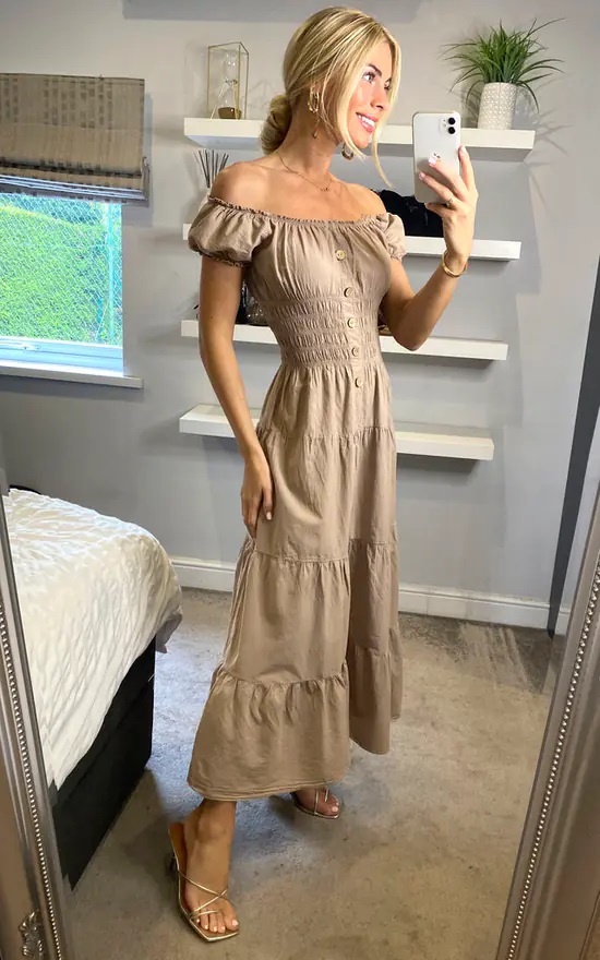 Brown Bardot Midi Dress - Image 3
