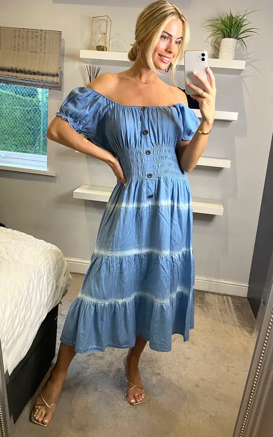 Light Wash Tye Dye Denim Bardot Midi Dress - Image 5