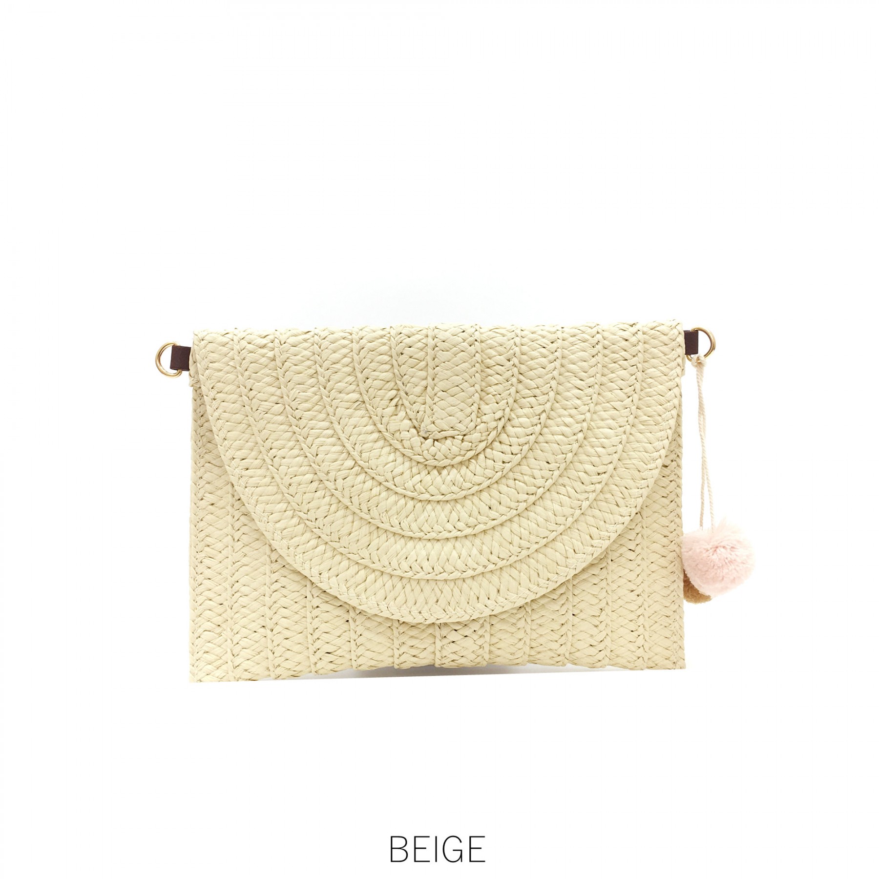Beige Straw Clutch Bag with Pom Pom