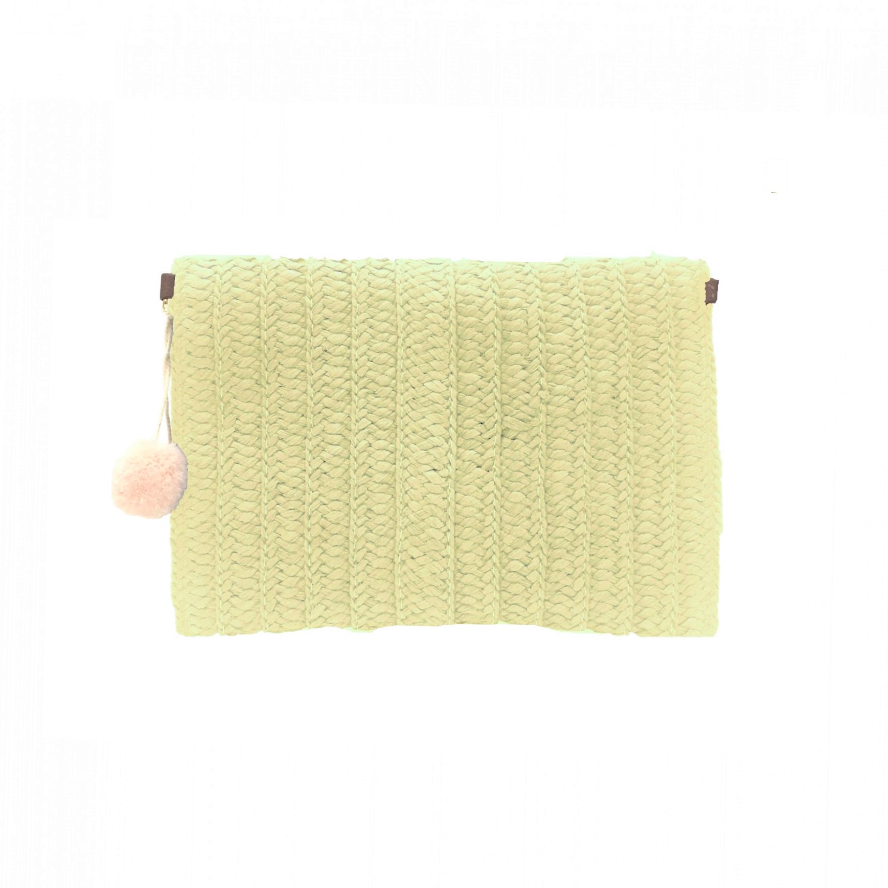 Beige Straw Clutch Bag with Pom Pom - Image 2