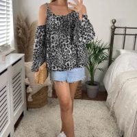 Black Leopard Cold Shoulder Top