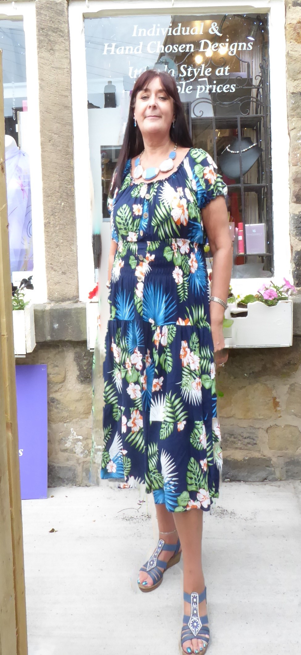 Blue Tropical Bardot Midi Dress - Image 2