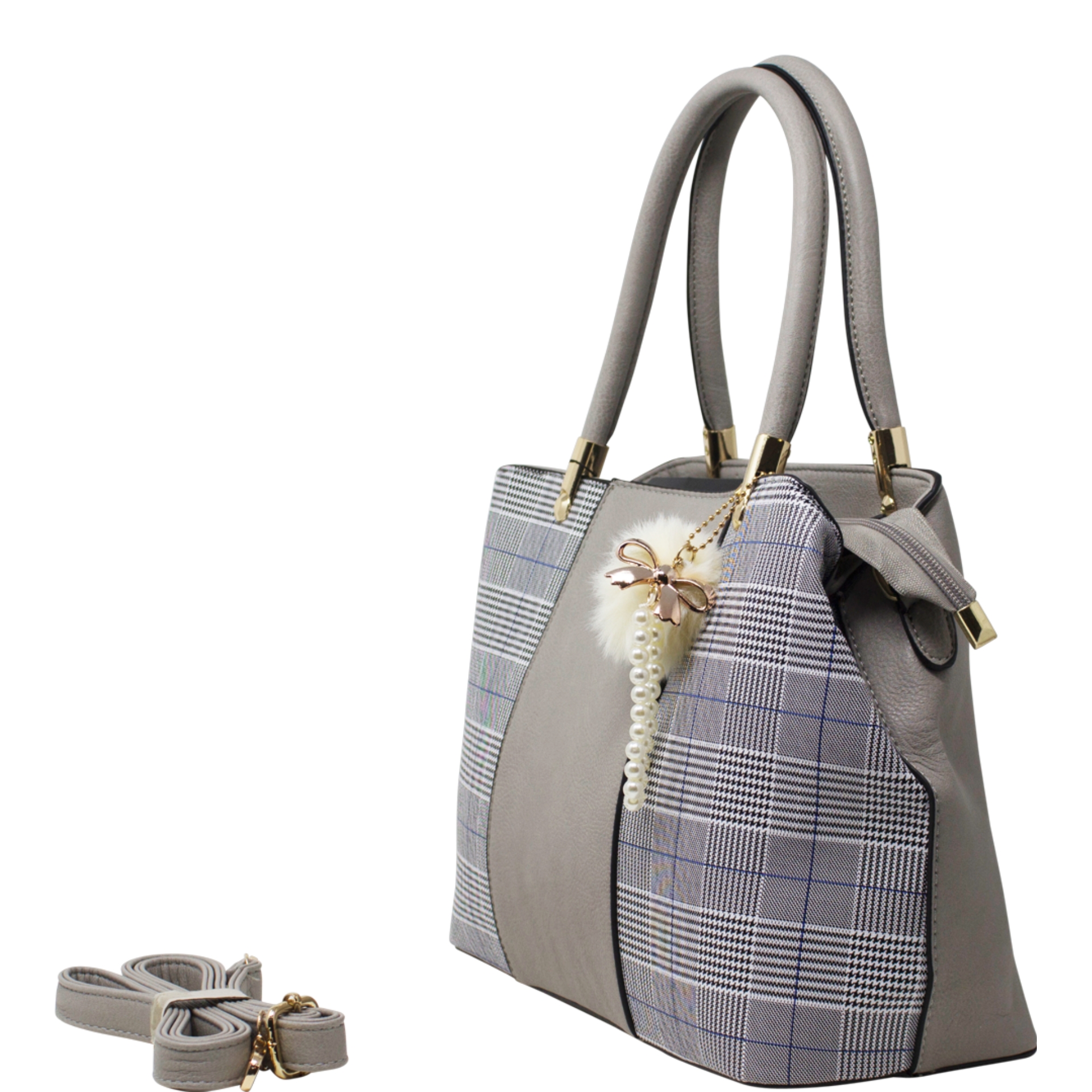 Grey Check Print Tote Handbag - Image 2