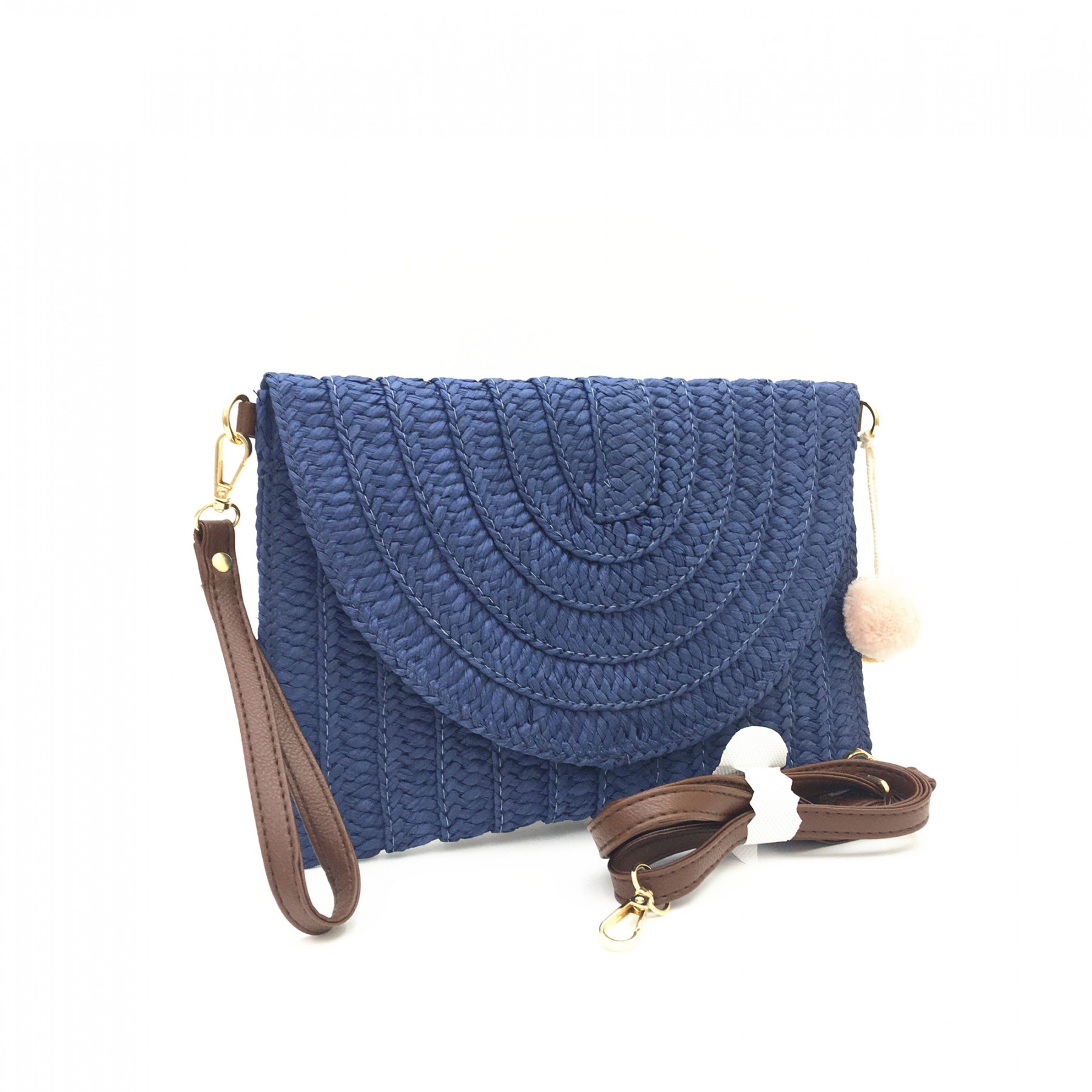 Beige Straw Clutch Bag with Pom Pom - Image 3