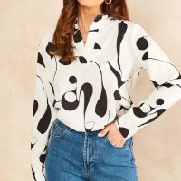 Swirl Print Blouse With High Neck Collar