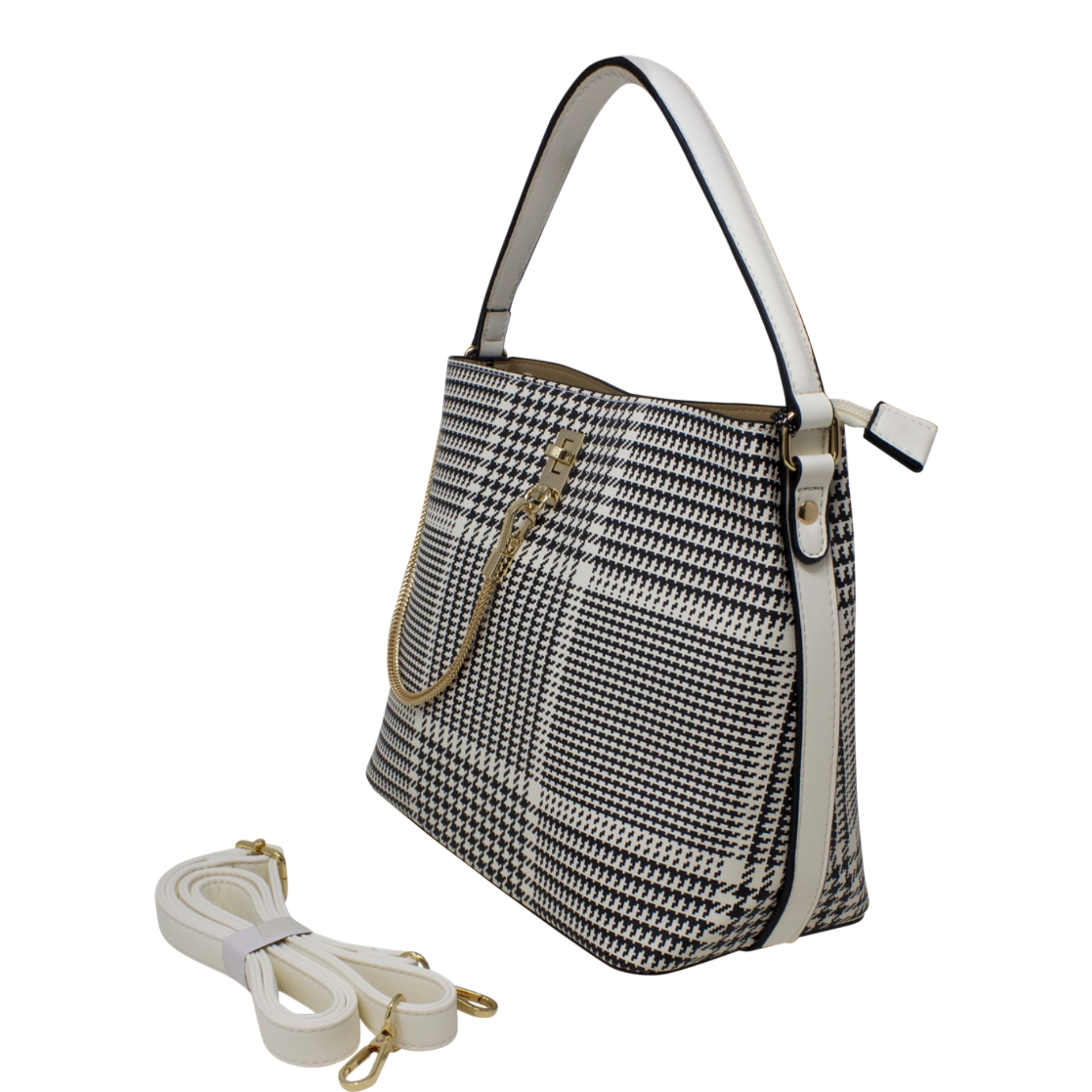 White Dogtooth Pattern Chain Lock Handbag - Image 2