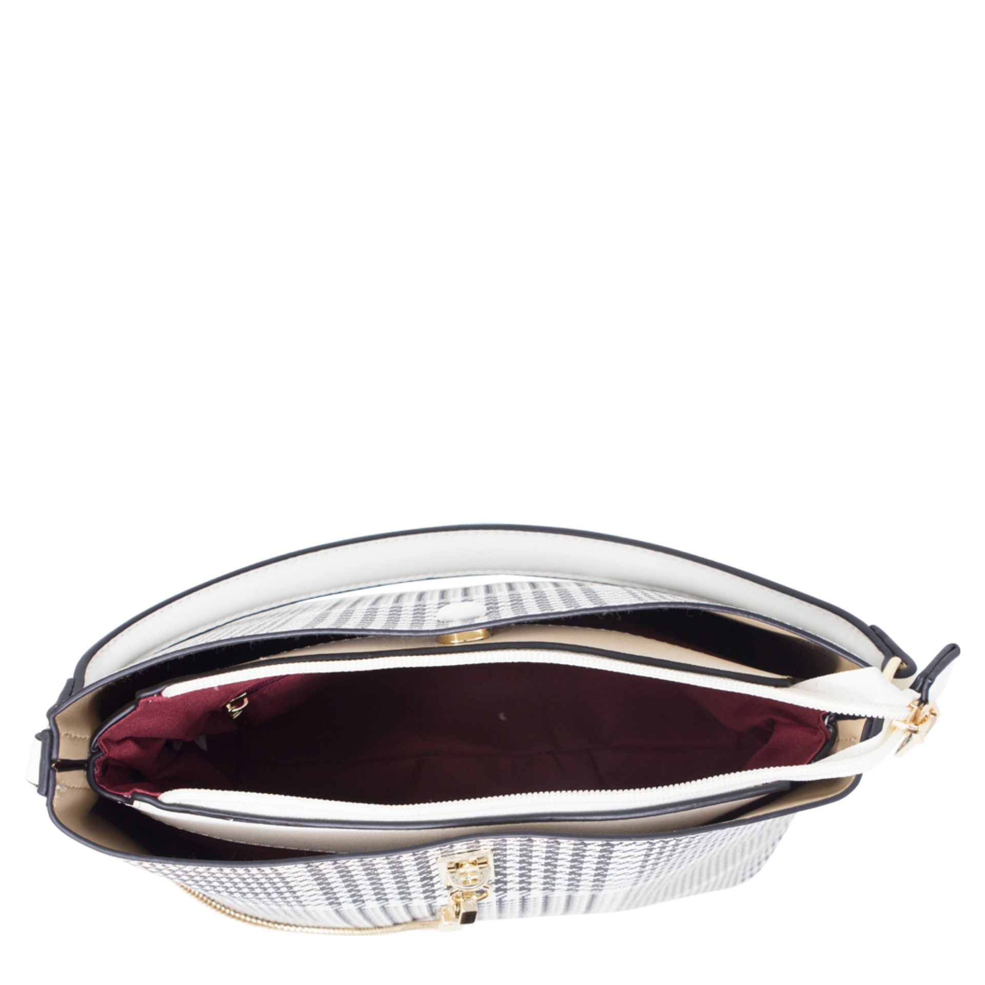 White Dogtooth Pattern Chain Lock Handbag - Image 4