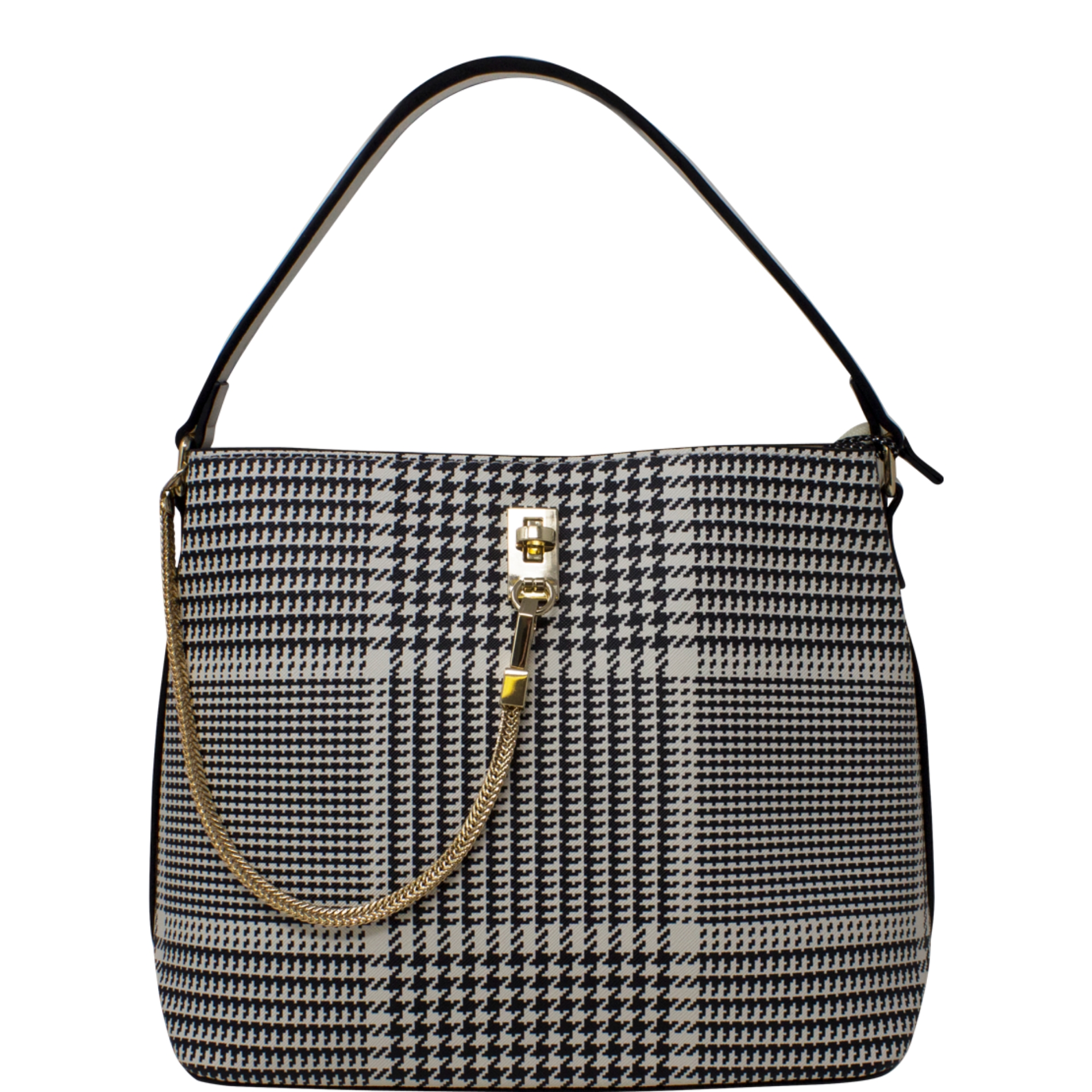 White Dogtooth Pattern Chain Lock Handbag