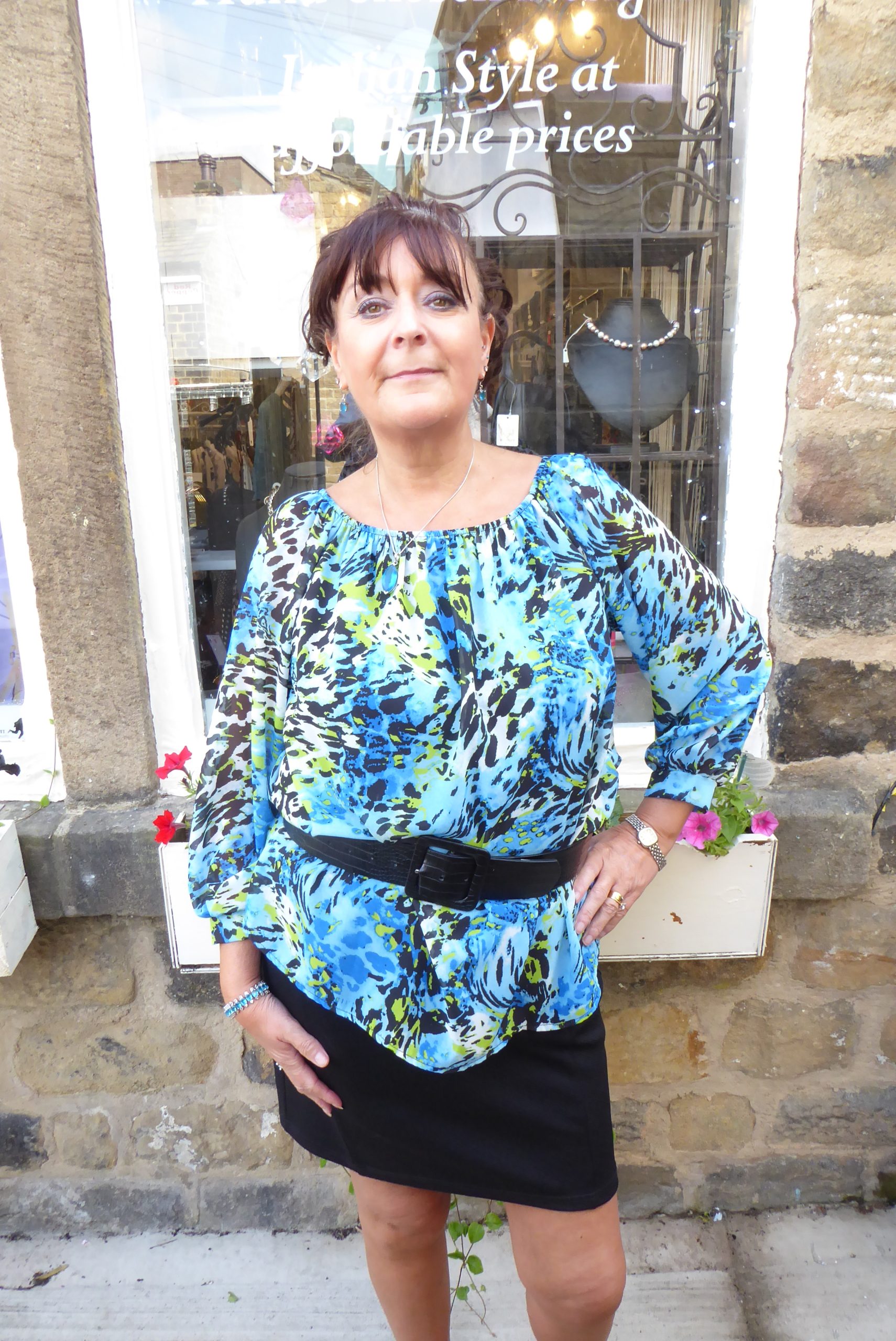 Aqua Blue Animal Bardot Chiffon Top - Image 3
