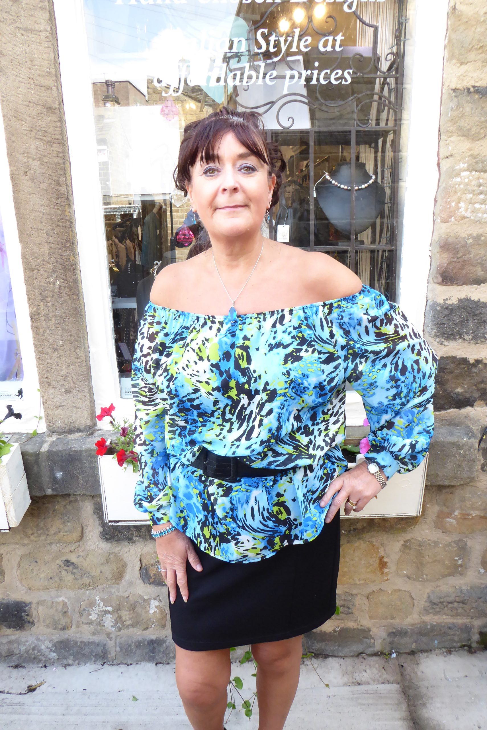 Aqua Blue Animal Bardot Chiffon Top - Image 4