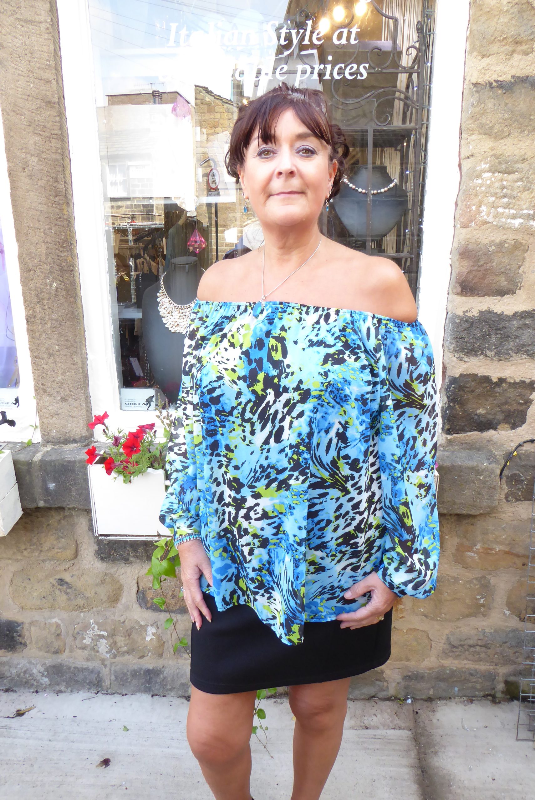 Aqua Blue Animal Bardot Chiffon Top - Image 7