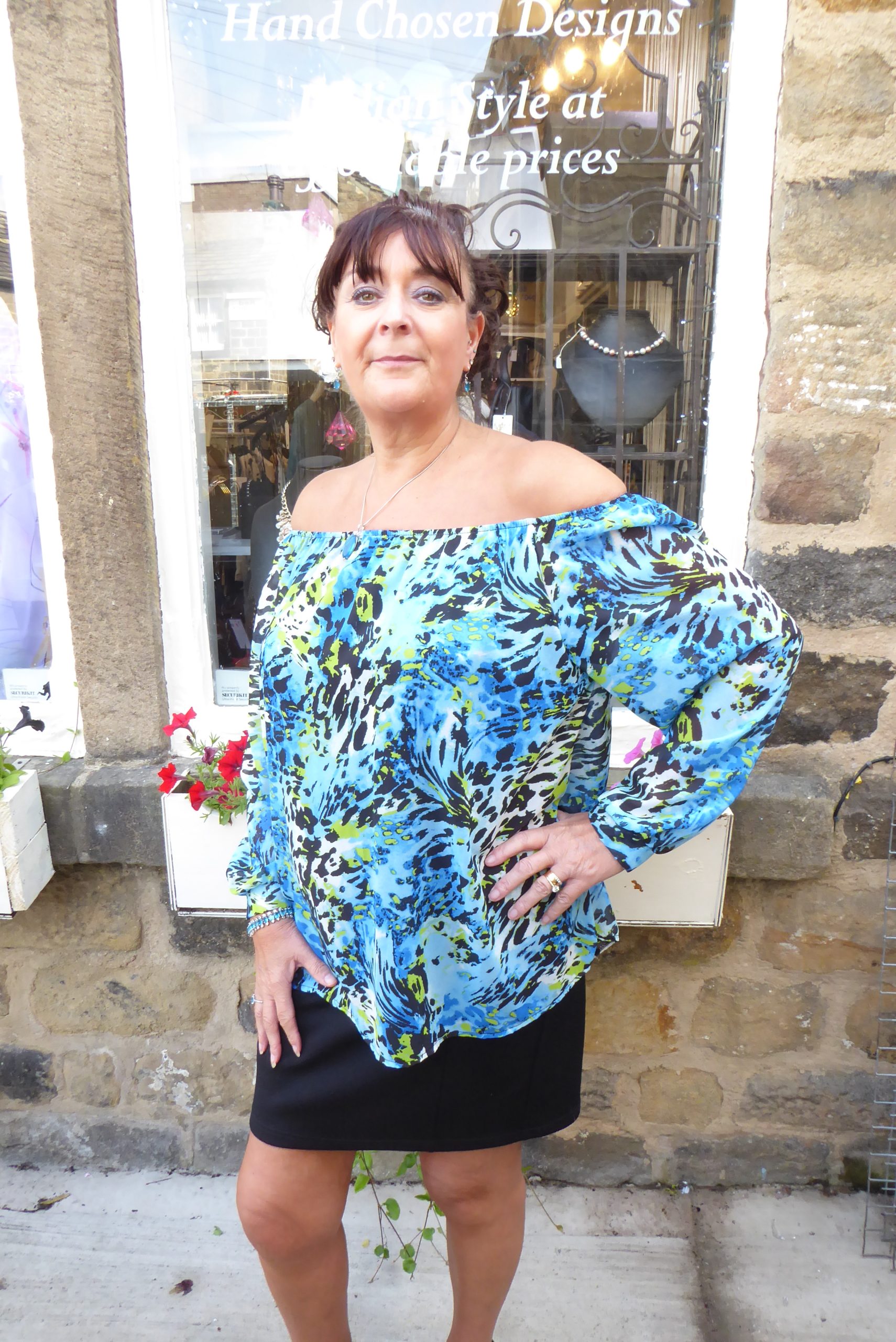 Aqua Blue Animal Bardot Chiffon Top - Image 9