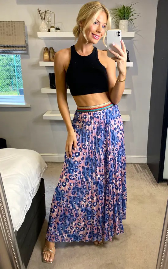 Blue and Pink Leopard Maxi Pleated Skirt - Image 2