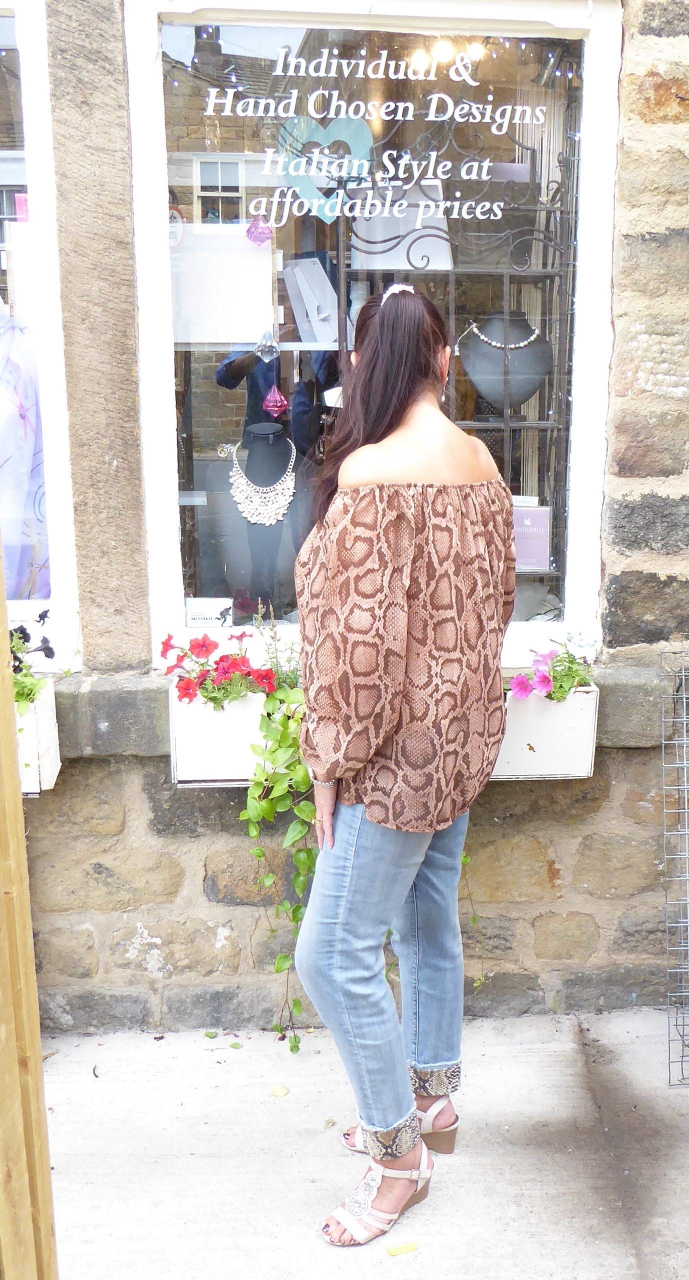 Brown Reptile Print Bardot Chiffon Top - Image 2