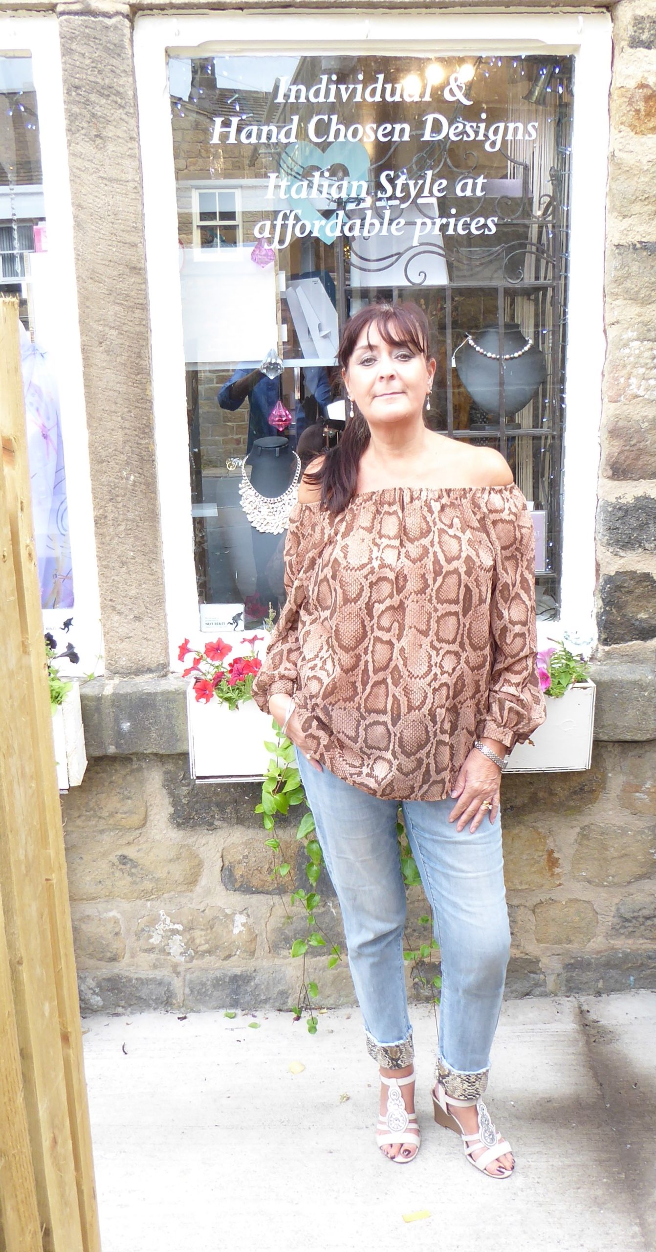Brown Reptile Print Bardot Chiffon Top - Image 4