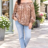 Brown Reptile Print Bardot Chiffon Top KM22063