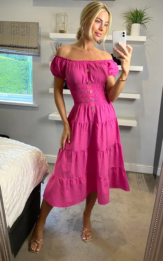 Fuschia Bardot Midi Dress - Image 2