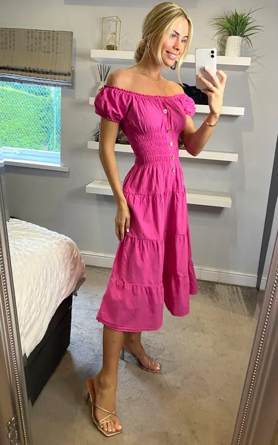Fuschia Bardot Midi Dress - Image 4