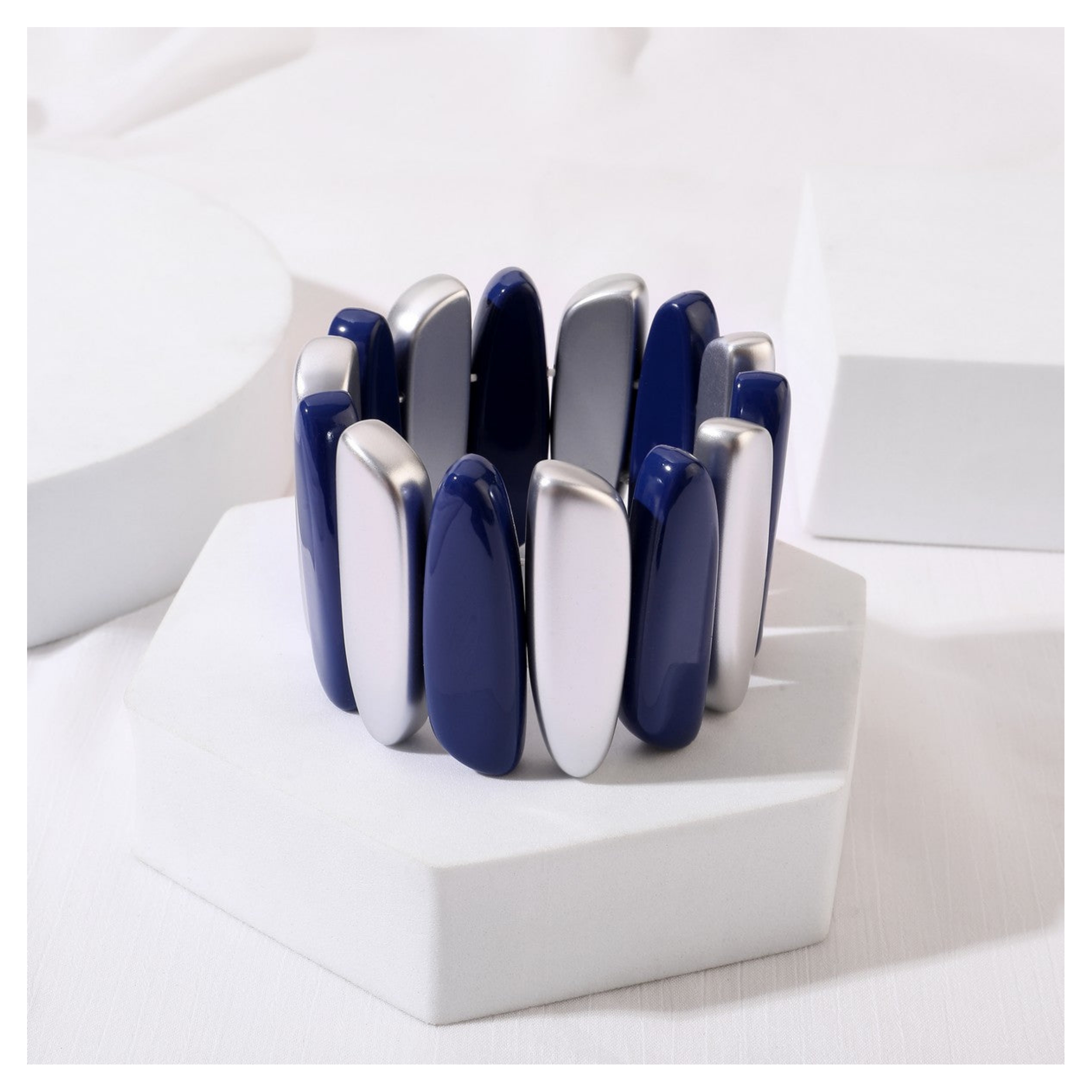 Navy and Silver Beaded Stretch Bracelet
