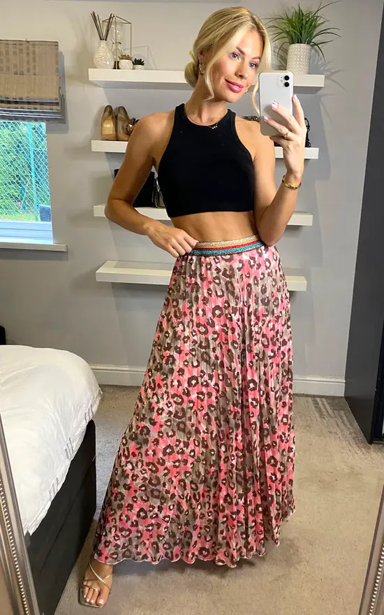 Pink and Taupe Leopard Print Maxi Skirt - Image 2