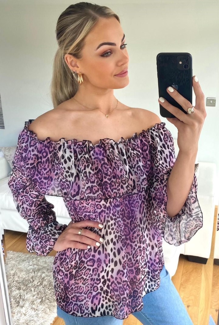 Purple Bardot Animal Print Top - Image 2