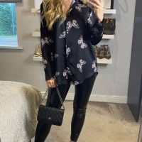 Black Butterfly Print Satin Blouse