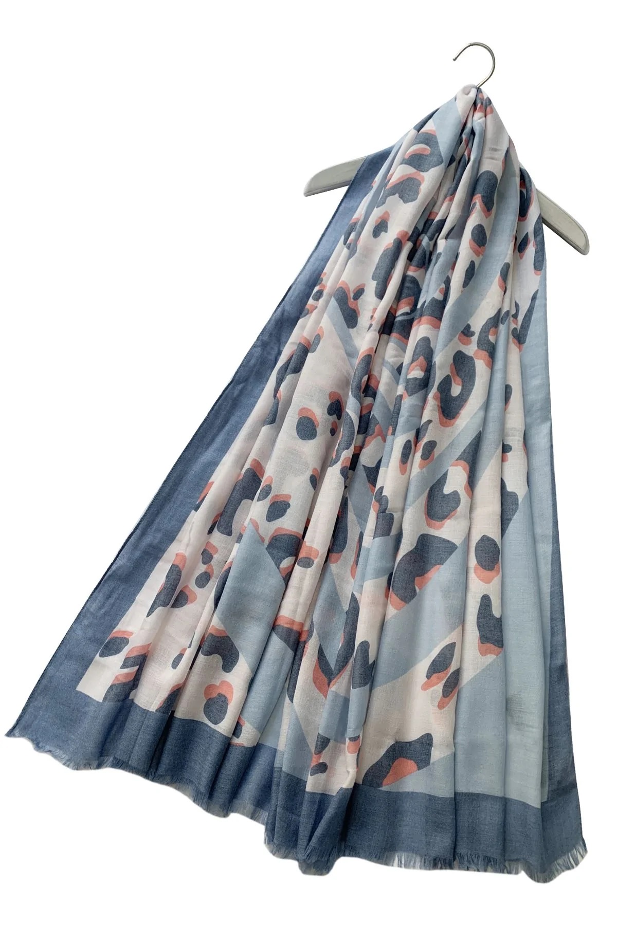 Blue Swirl Leopard Print Frayed Scarf