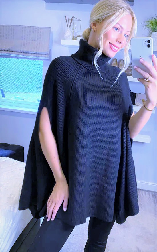 Cowl Neck Ribbed Cape Ponchos - Image 3