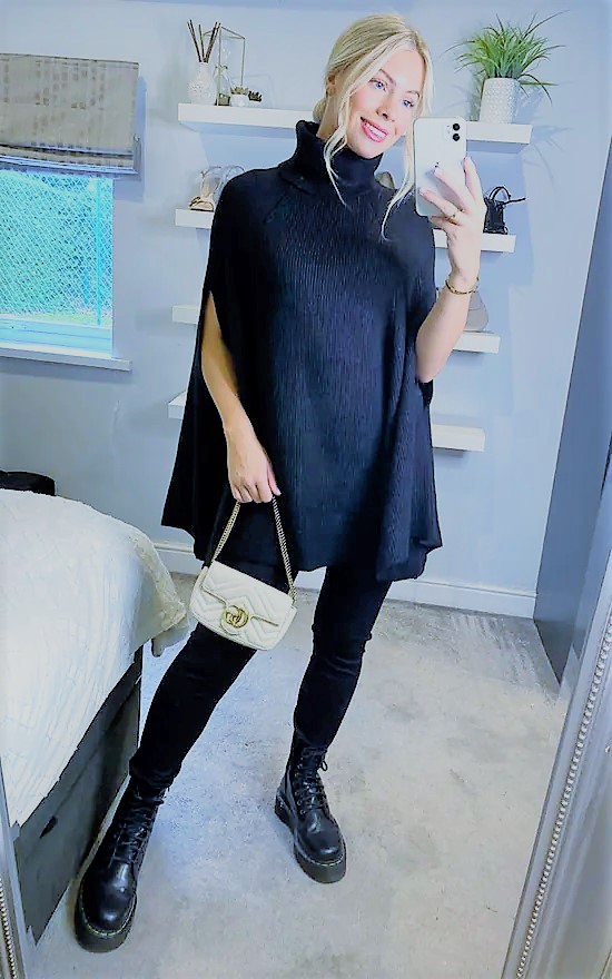 Navy Cowl Neck Ribbed Cape Poncho 5